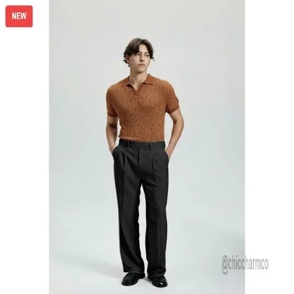 Men's Wide Leg Pleated Dress Pants Elastic Waist Wrinkle Resistant